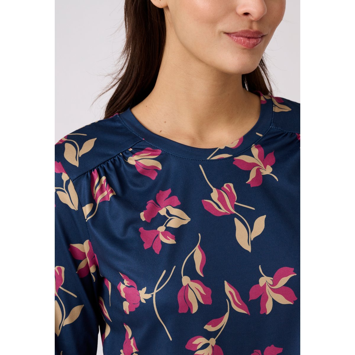 T-shirt maille chaude imprimé végétal bleu marine fleuri, DAMART