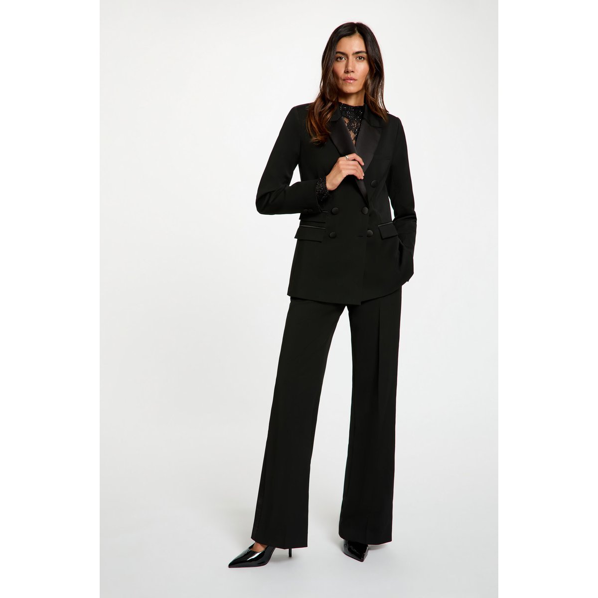 Veste satin col tailleur noir, MORGAN