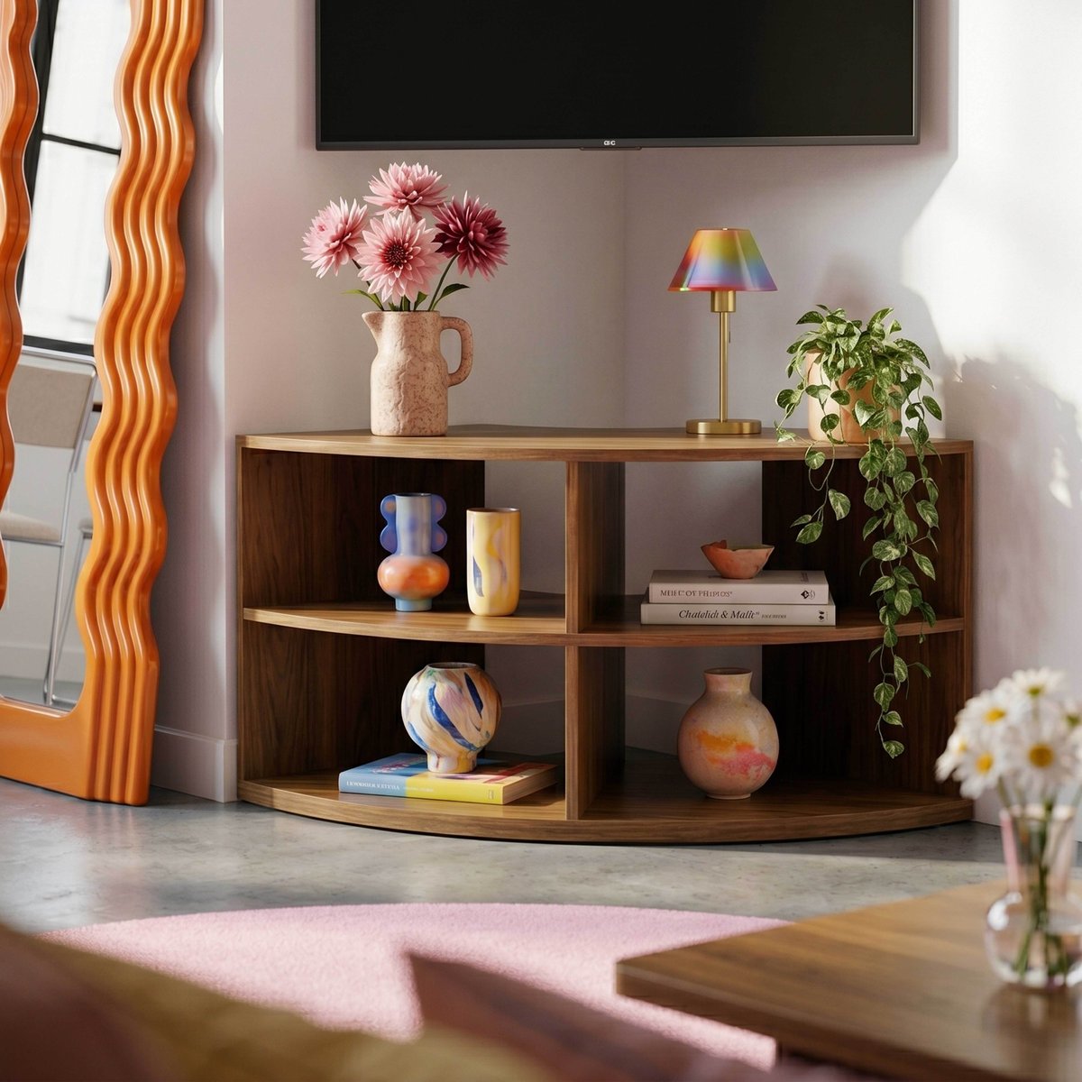 Meuble TV effet bois 120 cm style scandinave, LUKE bois clair, OVIALA