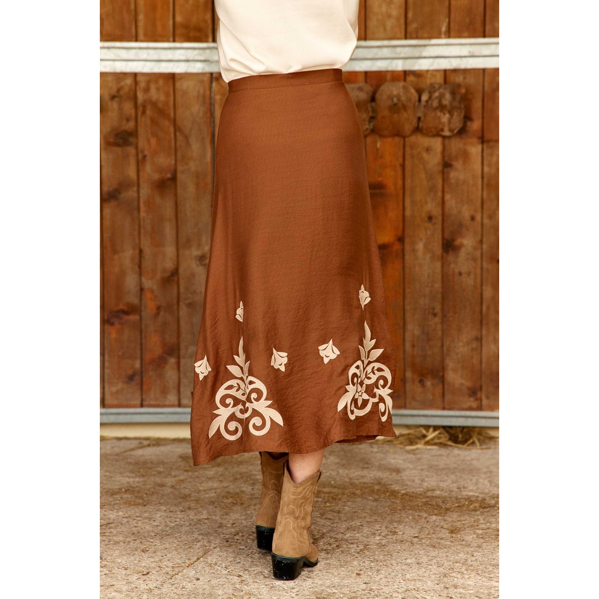 Jupe longueur midi évasée imprimé broderie JAELA 15-camel, LA PETITE ETOILE