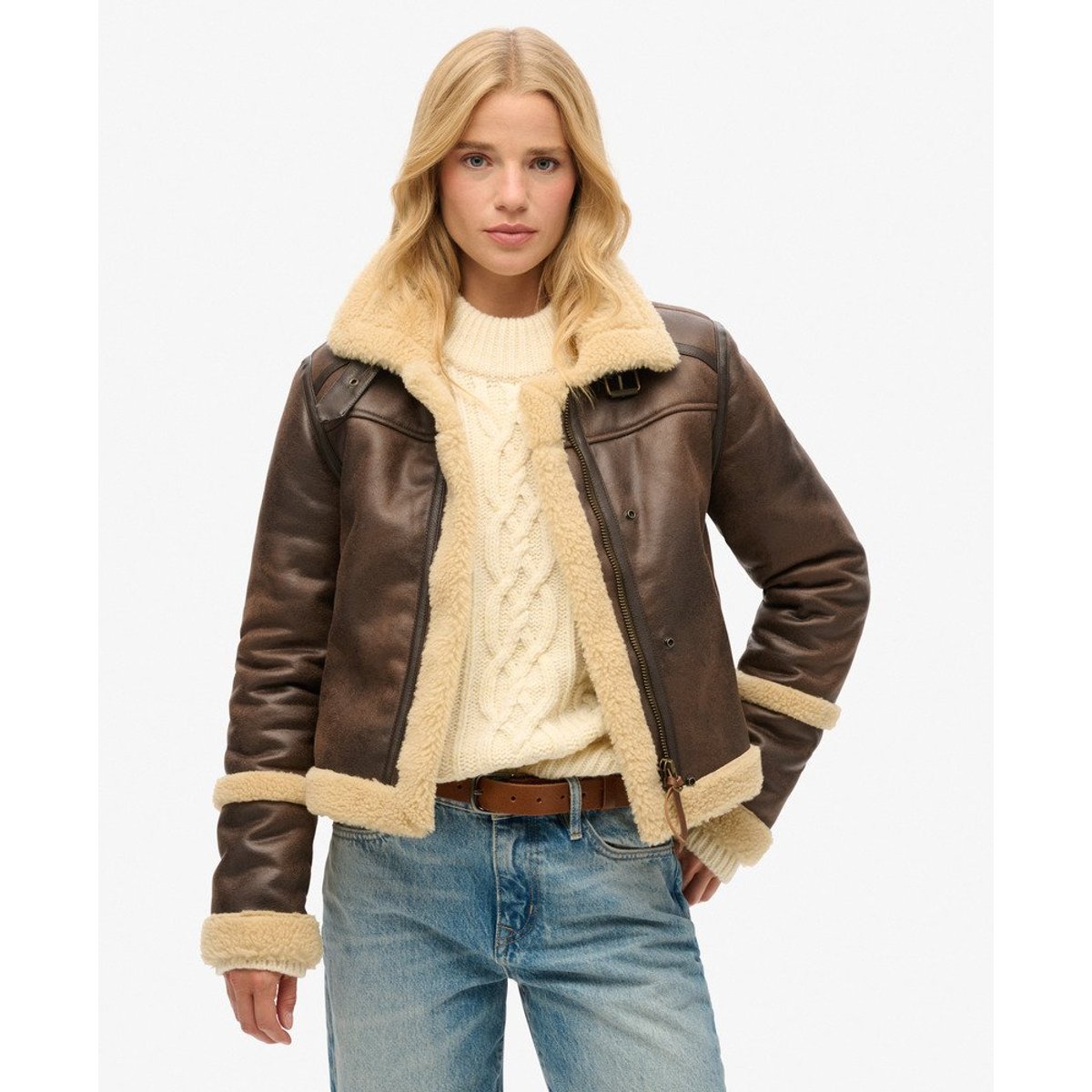 Veste aviateur courte en peau de mouton synthétique marron foncé, SUPERDRY