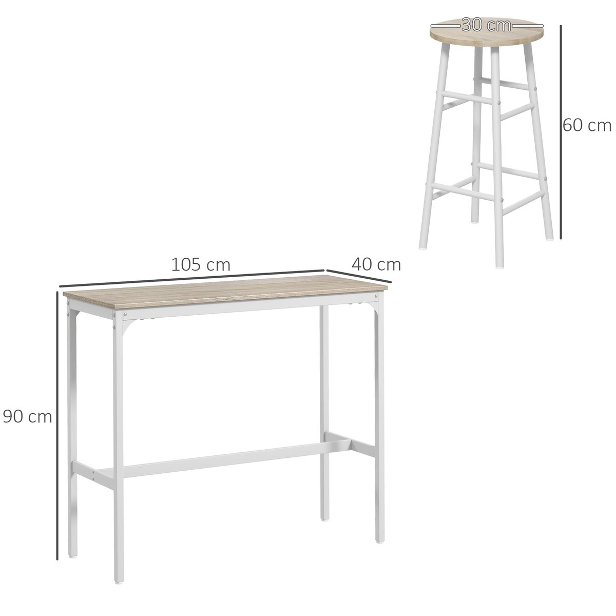 Ensemble de table de bar MDF Chêne chêne et blanc, HOMCOM