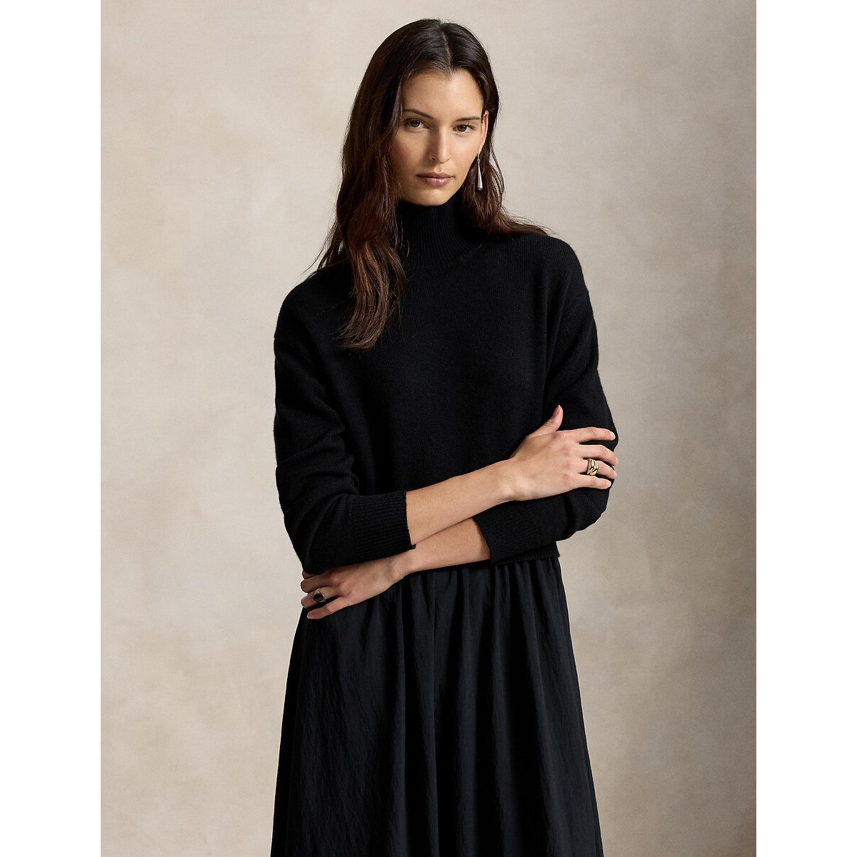 Robe longue évasée, à col montant noir, POLO RALPH LAUREN