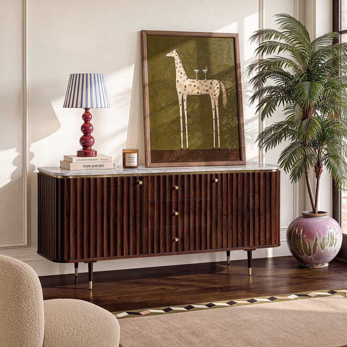Buffet bois, panneau, marbre HECTOR naturel foncé, HABITAT