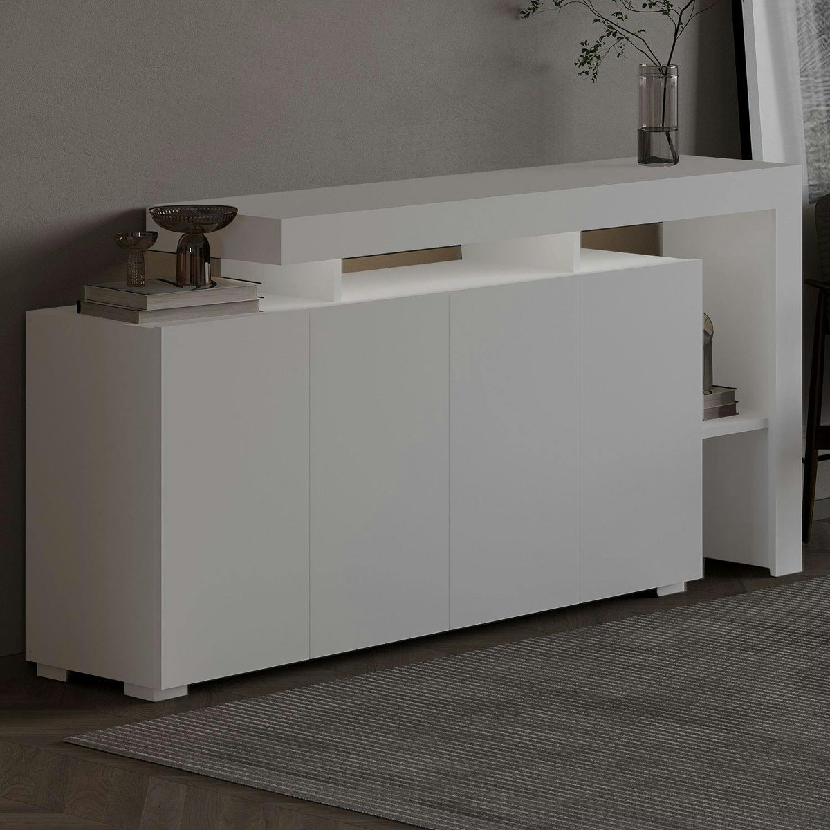 Buffet asymétrique 4 portes, éclairage LED AURA blanc, PIER IMPORT
