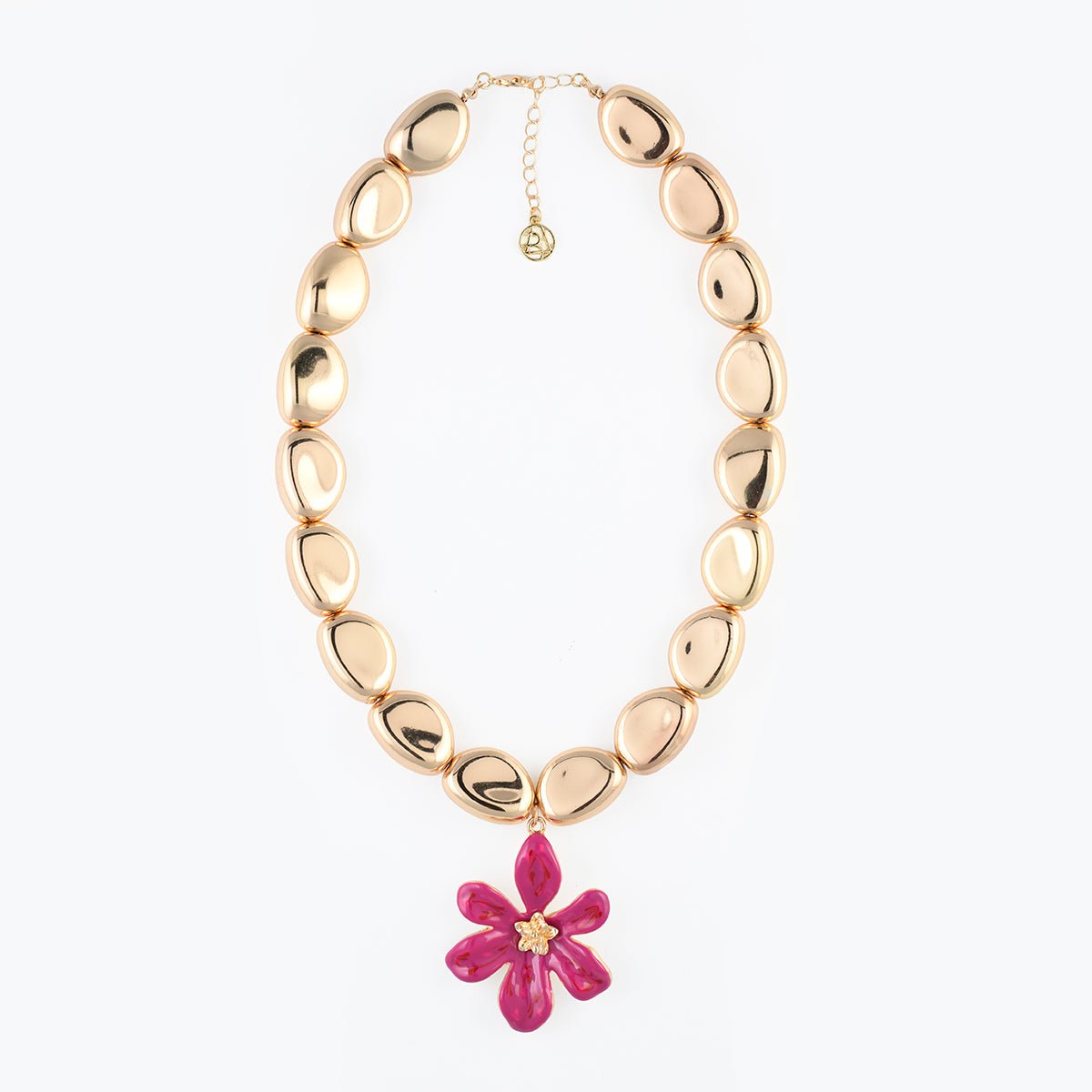 Collier perles dorées pendentif fleur rose fuchsia couleur unique, BALABOOSTE