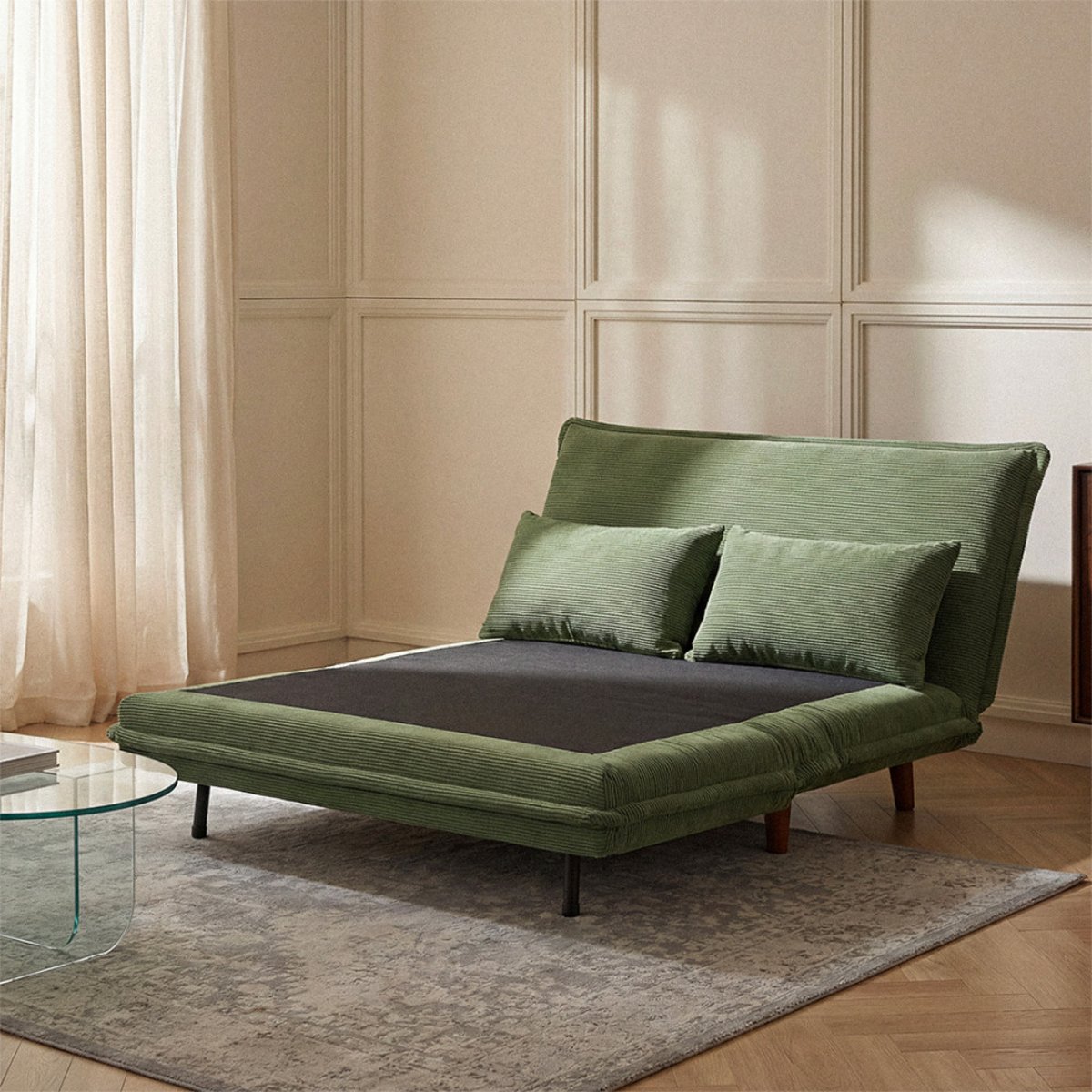 Canapé convertible 2 places en velours côtelé pieds bois foncé- NELLA vert, DRAWER