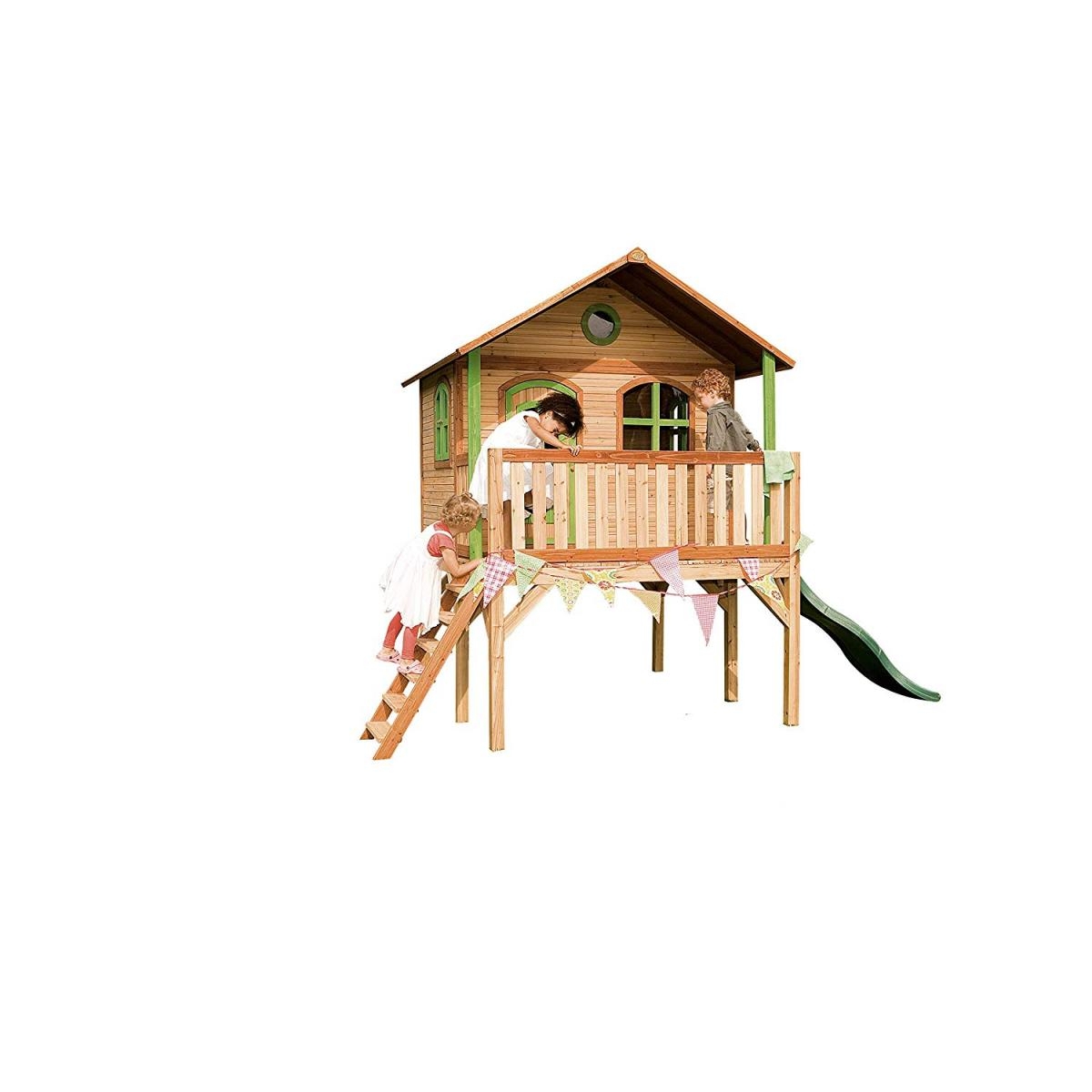 AXI Cabane enfant SOPHIE Brun Vert et toboggan Vert couleur unique, AXI HOUSE