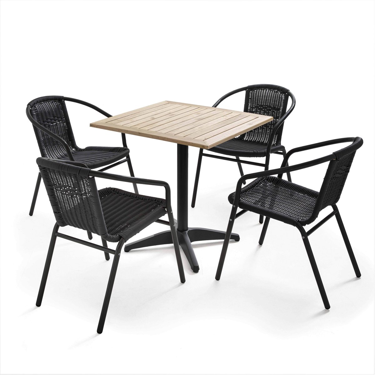 Table de terrasse carré plateau bois et 4 chaises en résine et aluminium marron, OVIALA