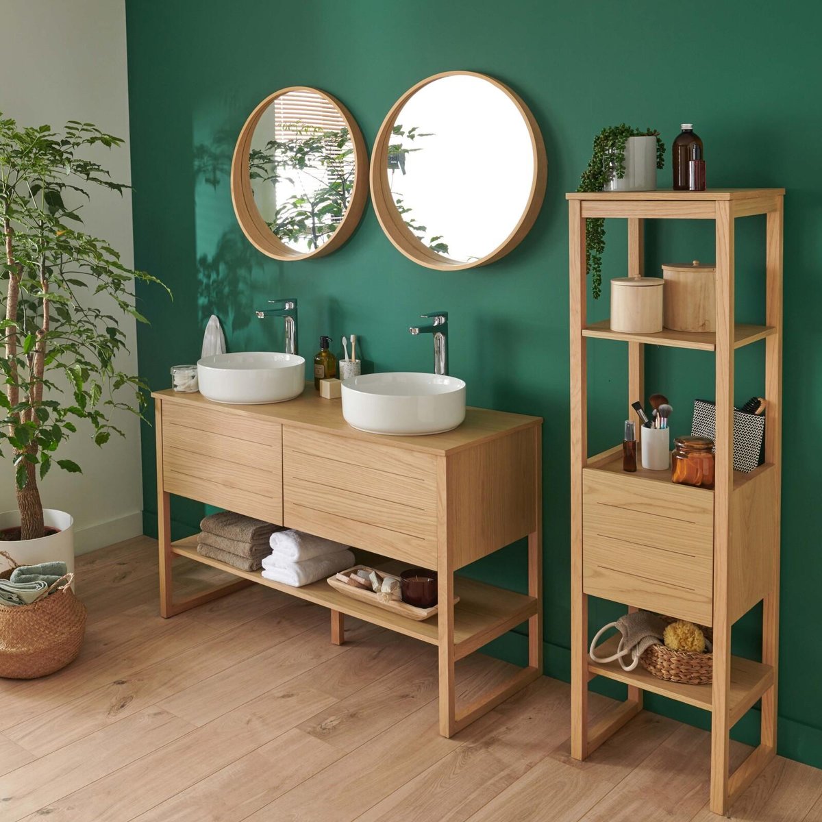 Meuble double 120cm chêne colonne vasques robinets miroirs ATOLL v002233, MOB IN