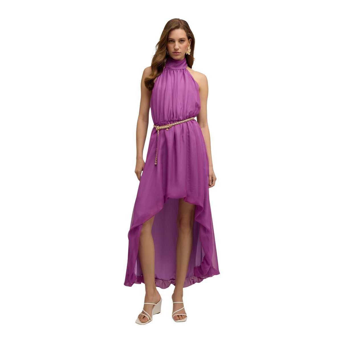 Robe longue asymétrique dos nu violet, MOTIVI