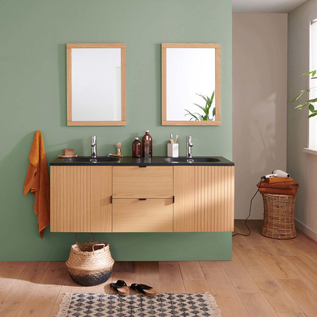 Meuble double vasque + miroir STUDIO bois clair, MOB IN