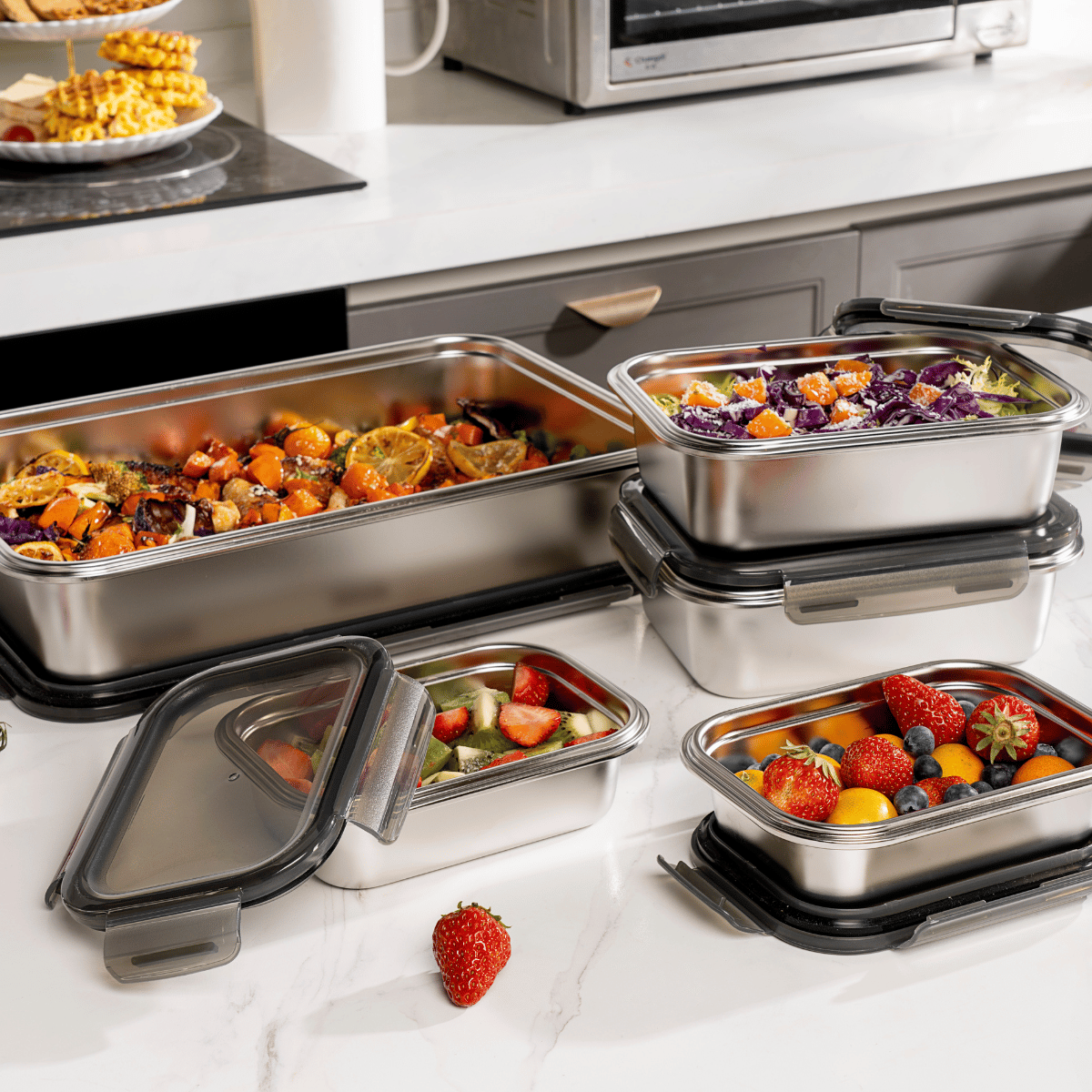 Lot de 5 boîtes rectangulaires en inox (650, 1300, 5000 ml) - Nomade argenté, LAGUIOLE CUISSON