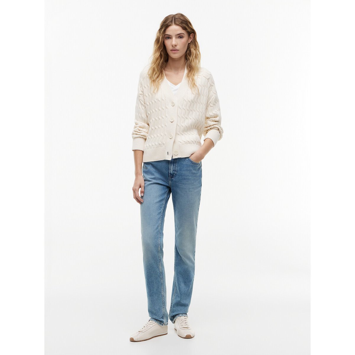 Cardigan boutonné col V torsadé ivoire, TOMMY HILFIGER