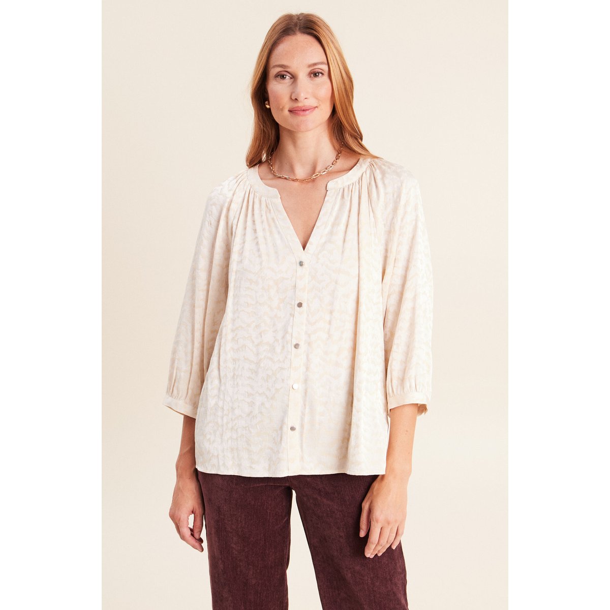 Chemise ample jacquard col v manches 3/4 blanc, BREAL