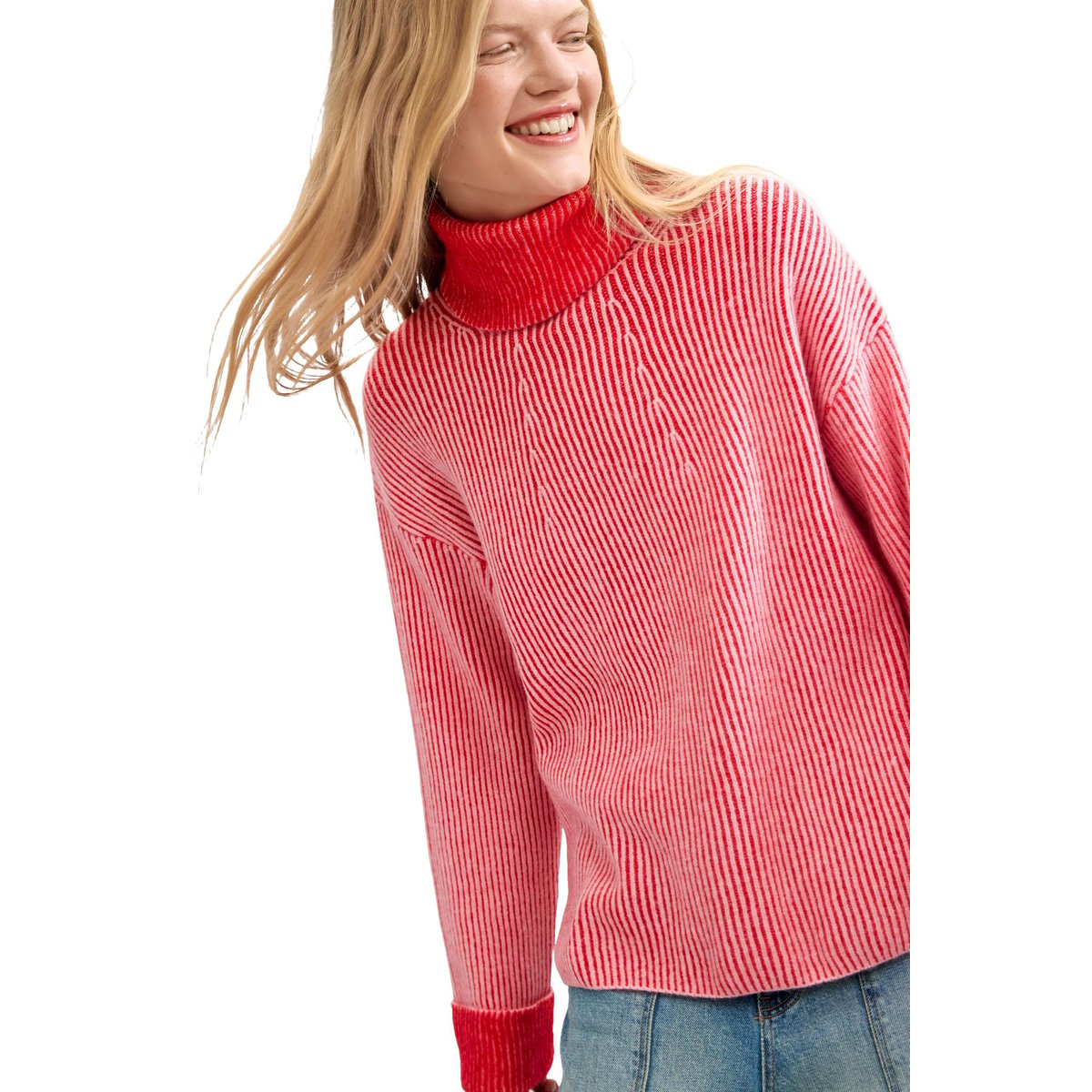 Pull à col roulé en maille côtelée rouge, DESIGUAL