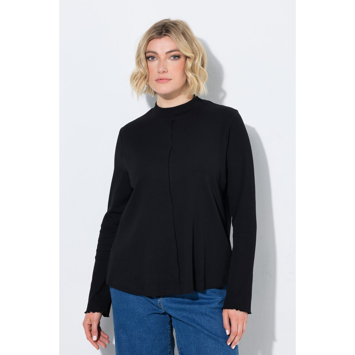 T-shirt en jersey côtelé, col montant noir, ULLA POPKEN