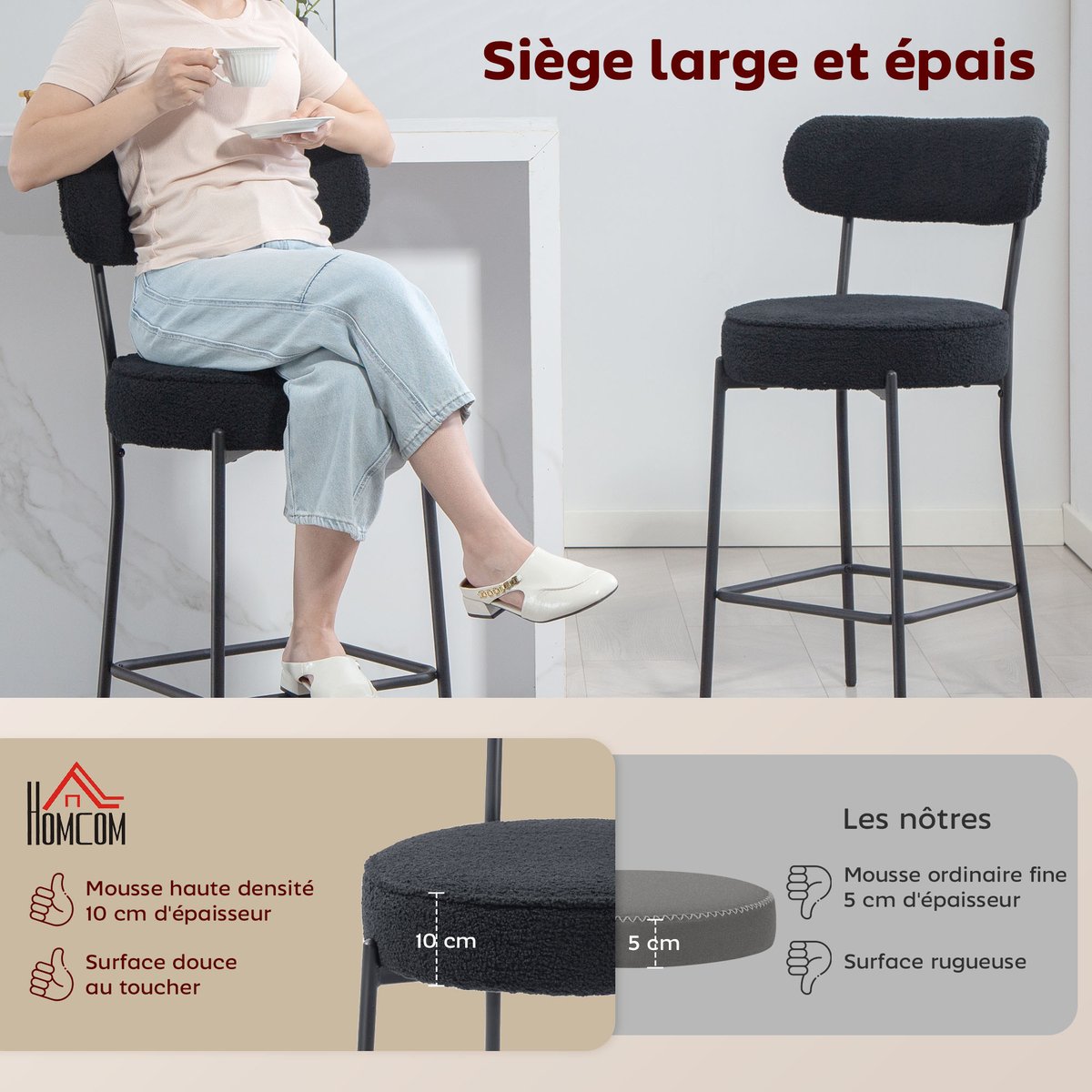 Tabouret de bar Tissu bouclette Noir noir, HOMCOM