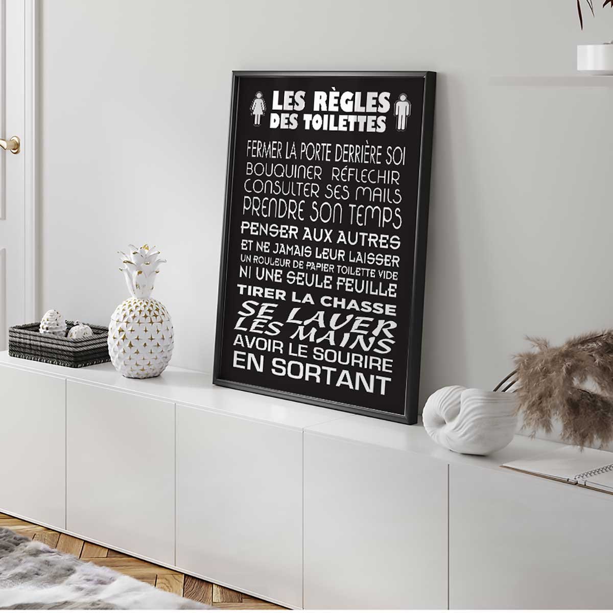 Affiche encadrée règles des toilettes typographie moderne fond sombre affiche + cadre en métal - noir, HEXOA