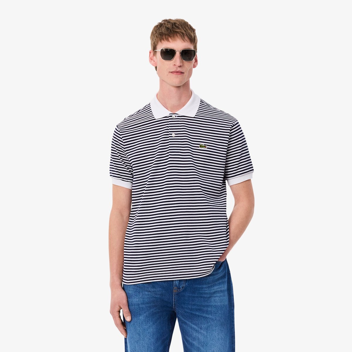 Polo L.12.12 classic fit en Petit Piqué rayé blanc-522, LACOSTE