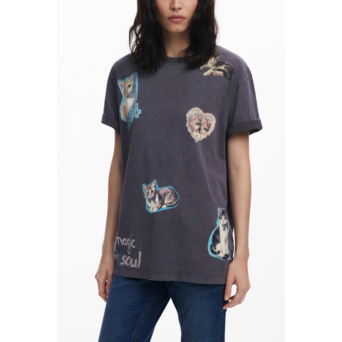 T-shirt en coton avec chats gris, DESIGUAL