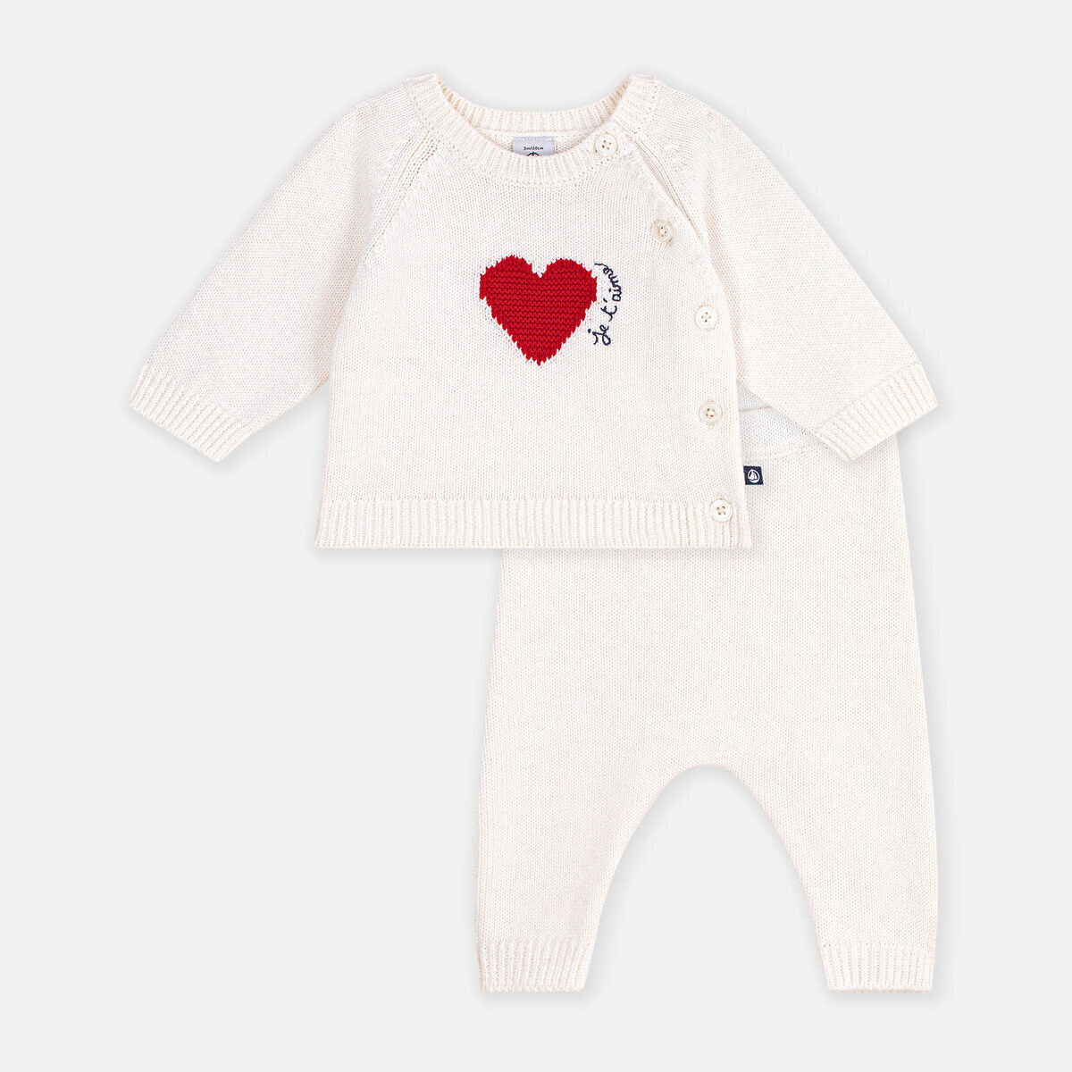 Completo in maglia jacquard, motivo a cuori ecru , PETIT BATEAU