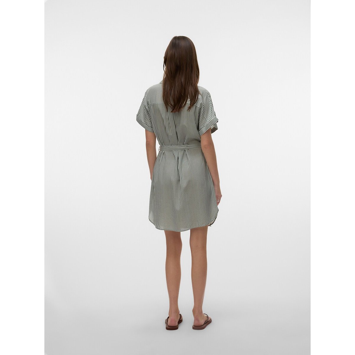 Robe courte manches courtes col chemise avec ceinture vert/blanc, VERO MODA