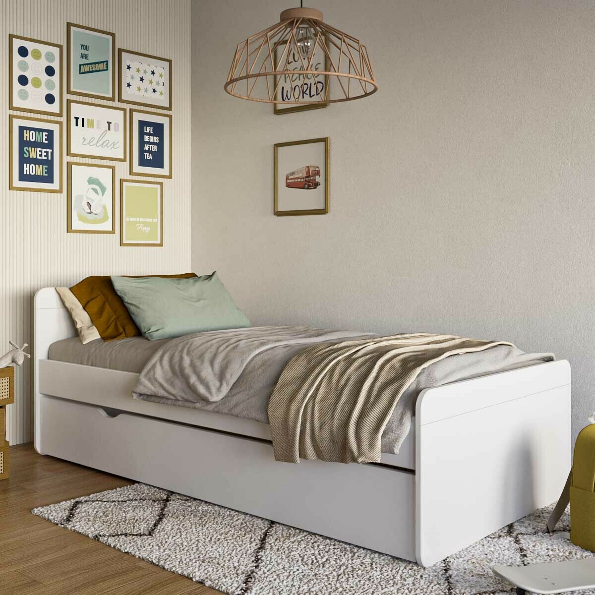 Pack lit gigogne avec matelas Bois massif LILOW blanc, AKITEN RETAIL