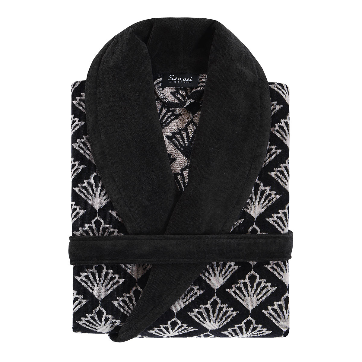 Peignoir col châle velours mi-long PALIMA noir, SENSEI MAISON