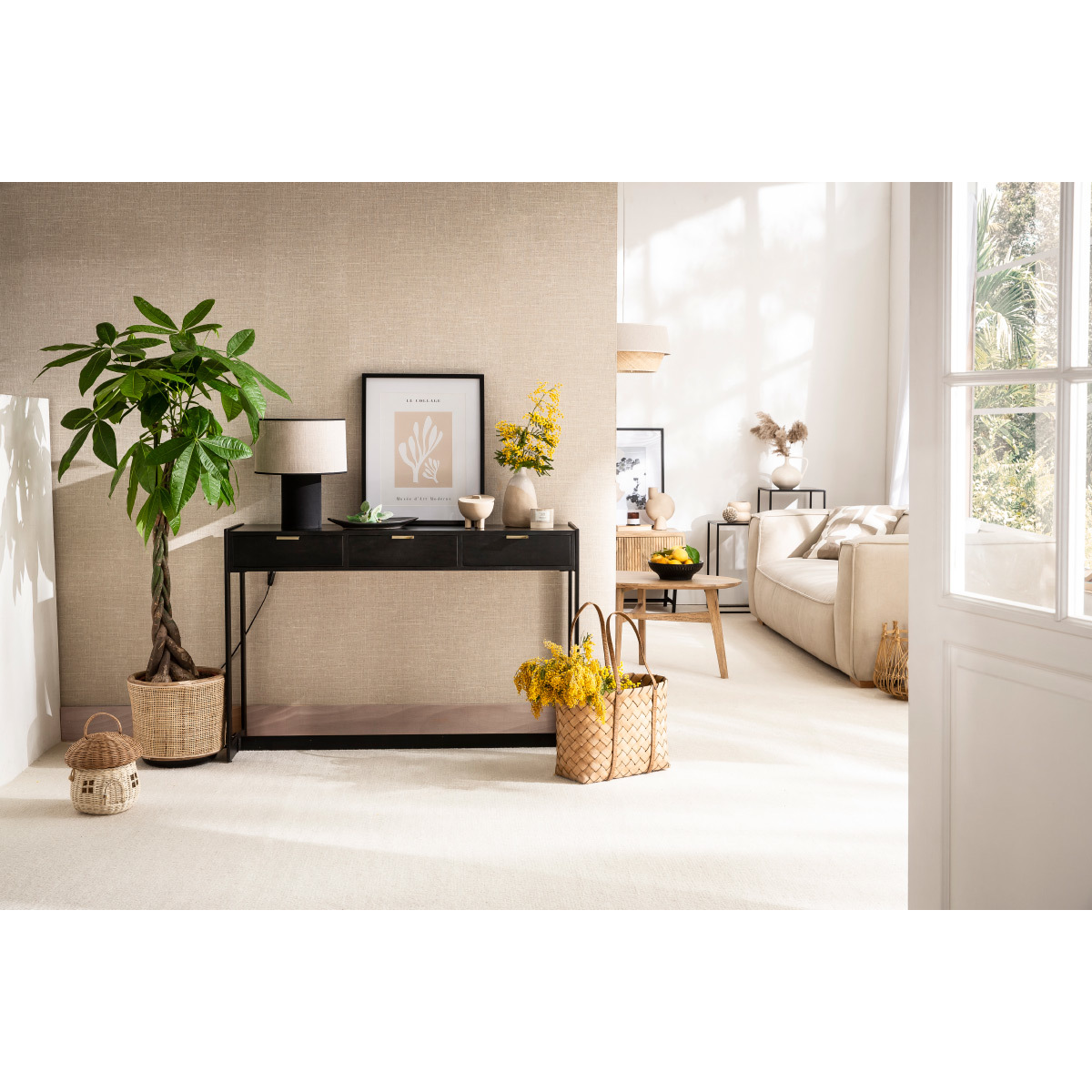 Console design avec rangements 3 tiroirs noire et métal L115 cm AVIDAN bois clair / noir, MILIBOO