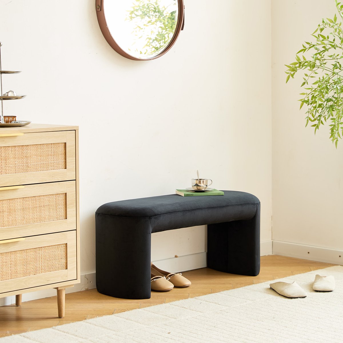 Banc style scandinave, velours, RIGA noir, NORDLYS