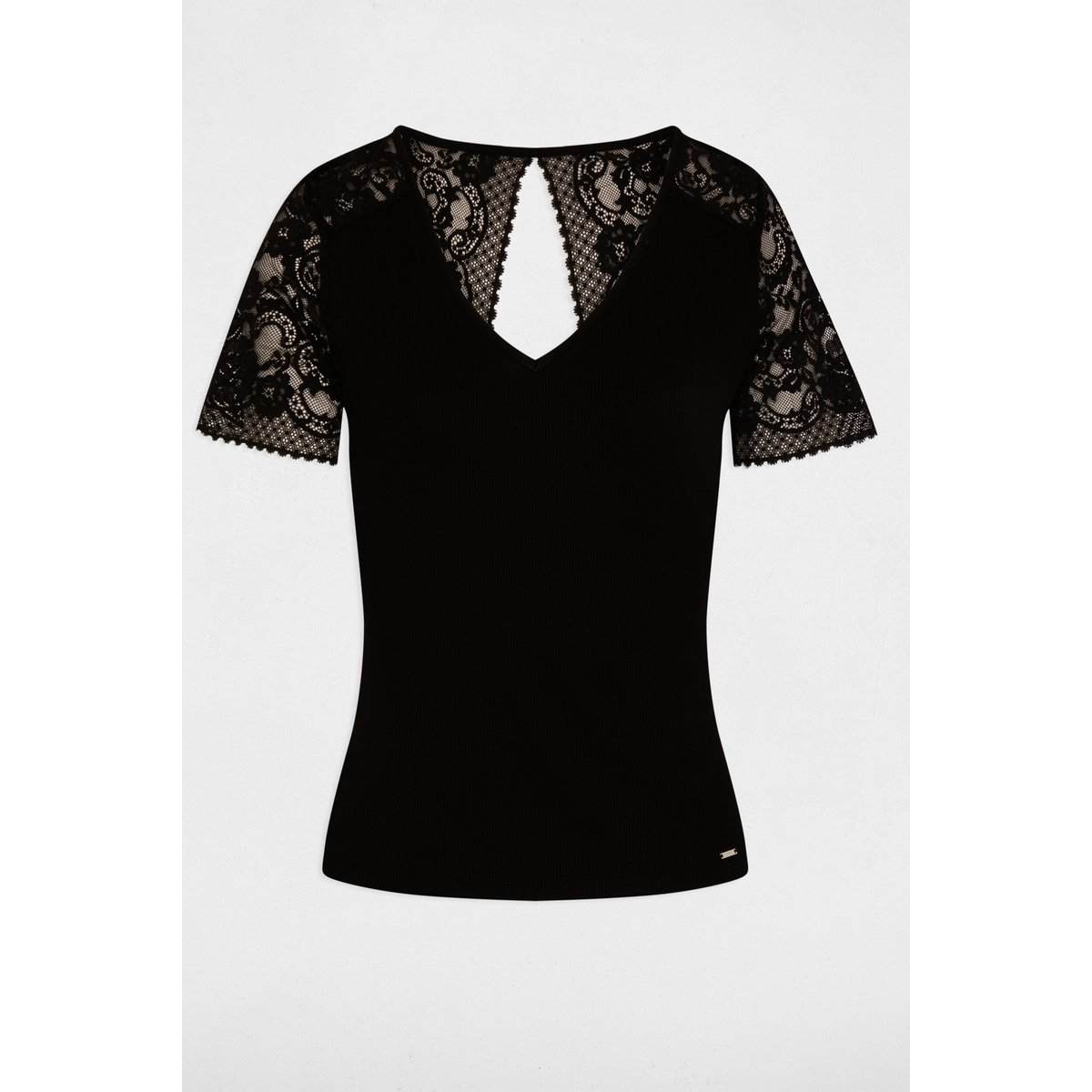 T-shirt dentelle col v noir, MORGAN