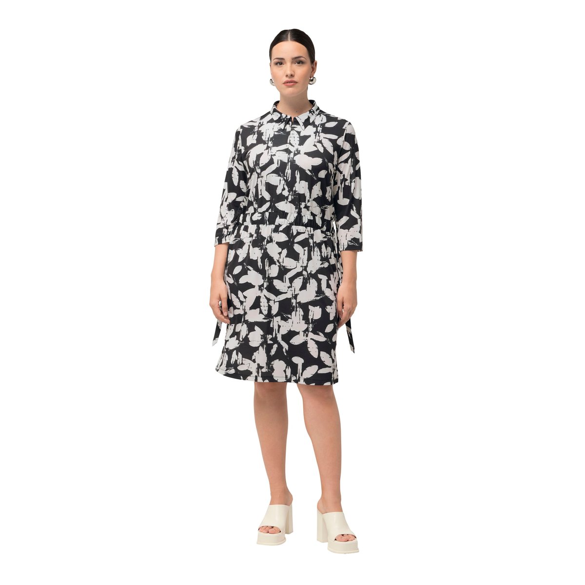 Robe en jersey, feuillage, col chemise marine, ULLA POPKEN