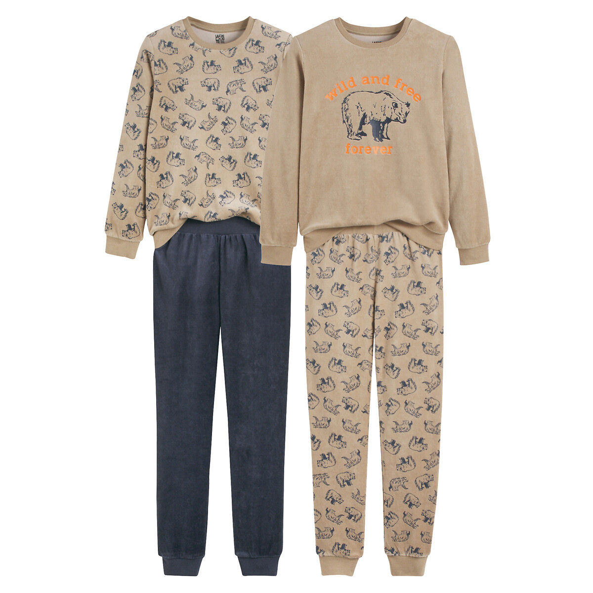 Lot de 2 pyjamas en velours, imprimé ours bleu marine + beige, LA REDOUTE COLLECTIONS