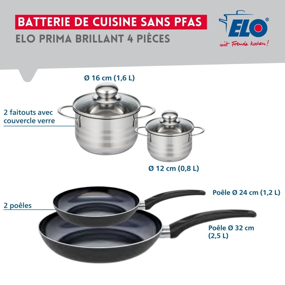 Batterie 2 poêles 24/32cm + 2 faitouts 12/16cm PRIMA BRILLANT noir, ELO