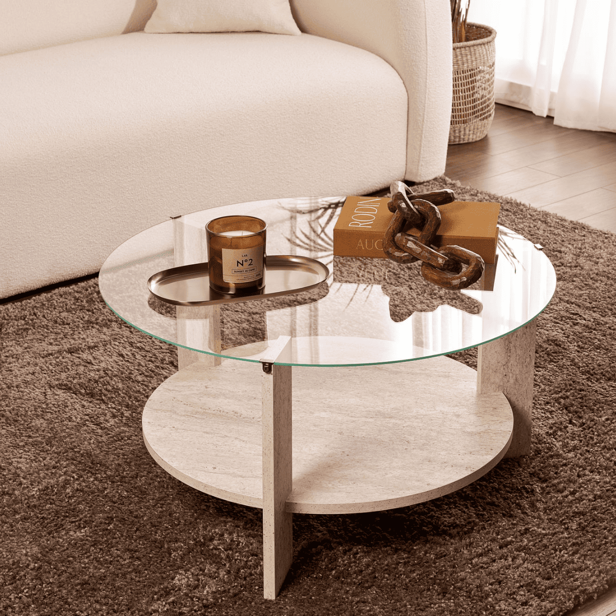 Table basse avec plateau en verre CLARA travertin, CALICOSY