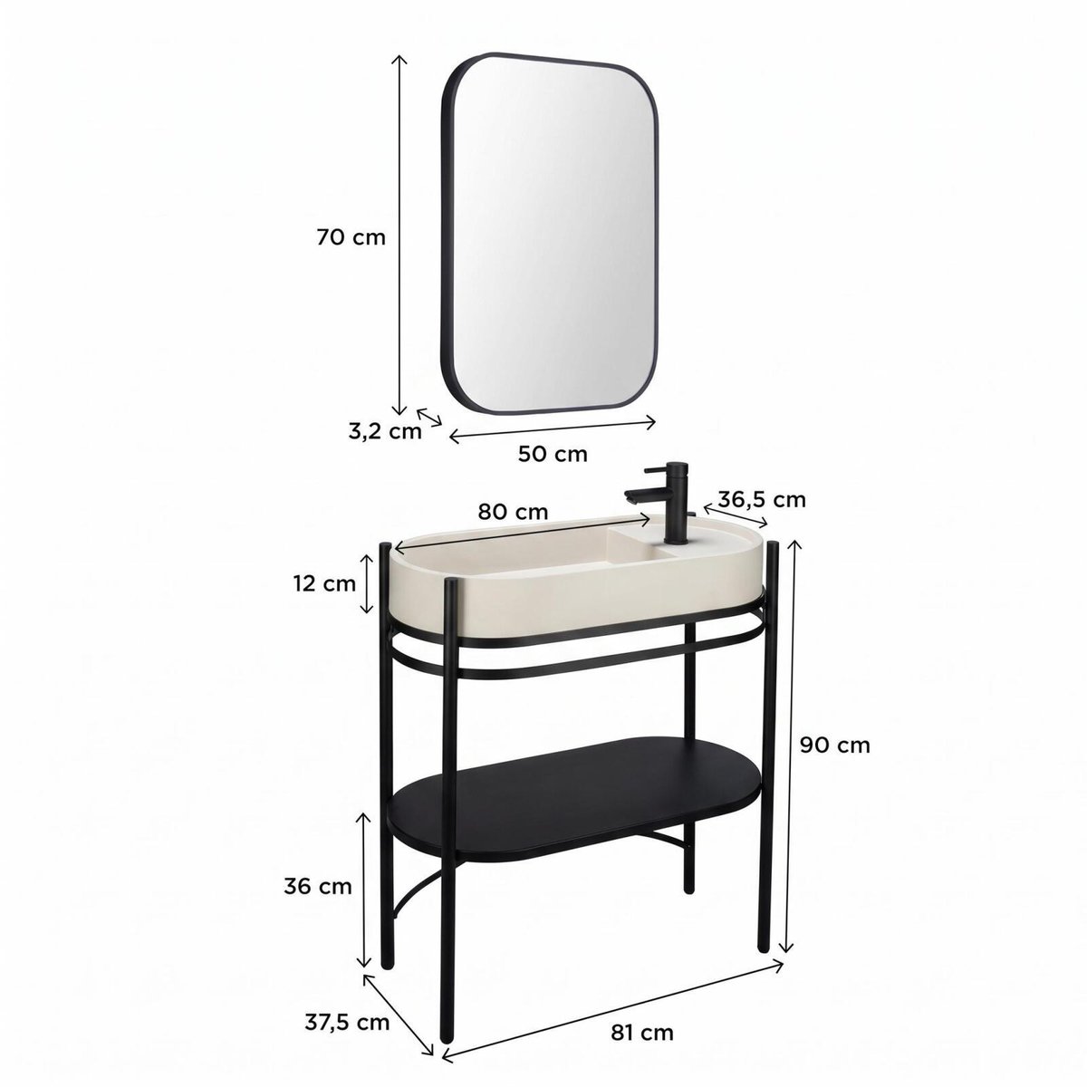 Meuble simple vasque sur pieds 80cm en métal noir et vasque béton et robinet noir et miroir beige, MOB IN