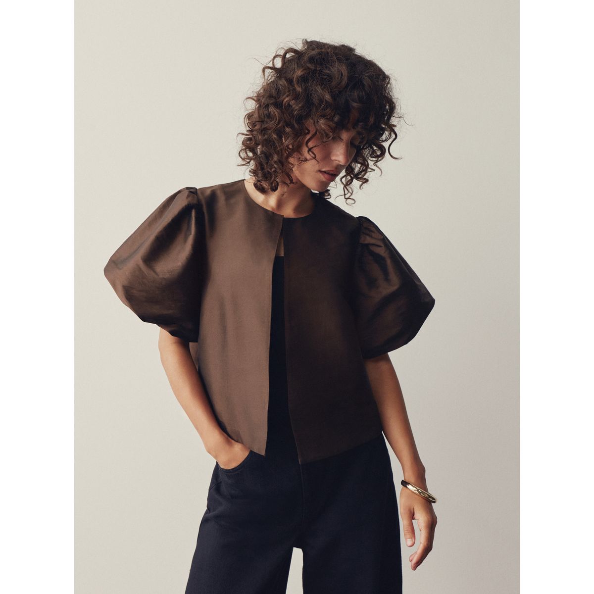 Veste courte à manches bouffantes marron chocolat, NEXT