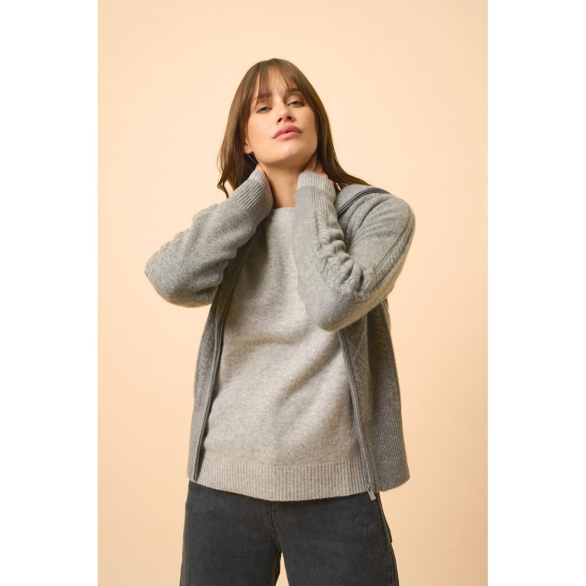 Gilet Zippé Col Camionneur 4 Fils Flanelle Chiné Talara gris chiné, JUST CASHMERE