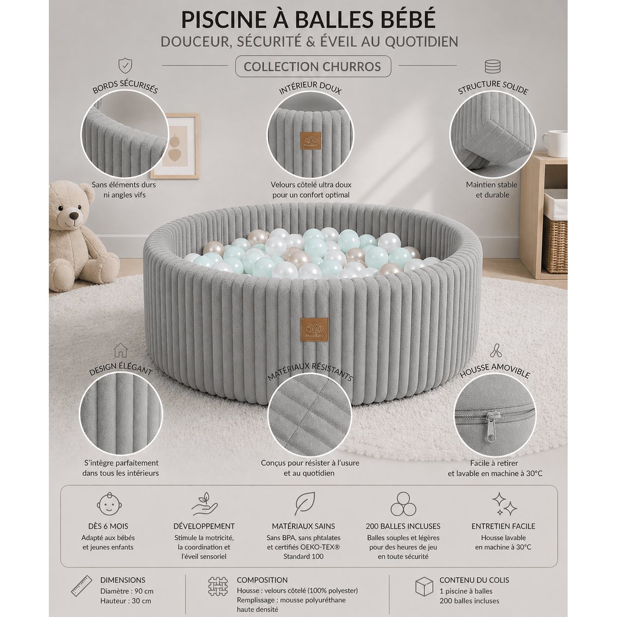 Piscine balles bébé velours côtelé sans balles piscine à balles gris poussière de lune avec balles blanc perlé / rose pastel / or perlé clair, MEOW BABY