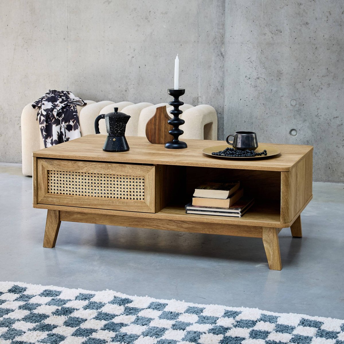 Table basse rectangulaire décor bois et cannage 1 porte coulissante MANI naturel, SWEEEK