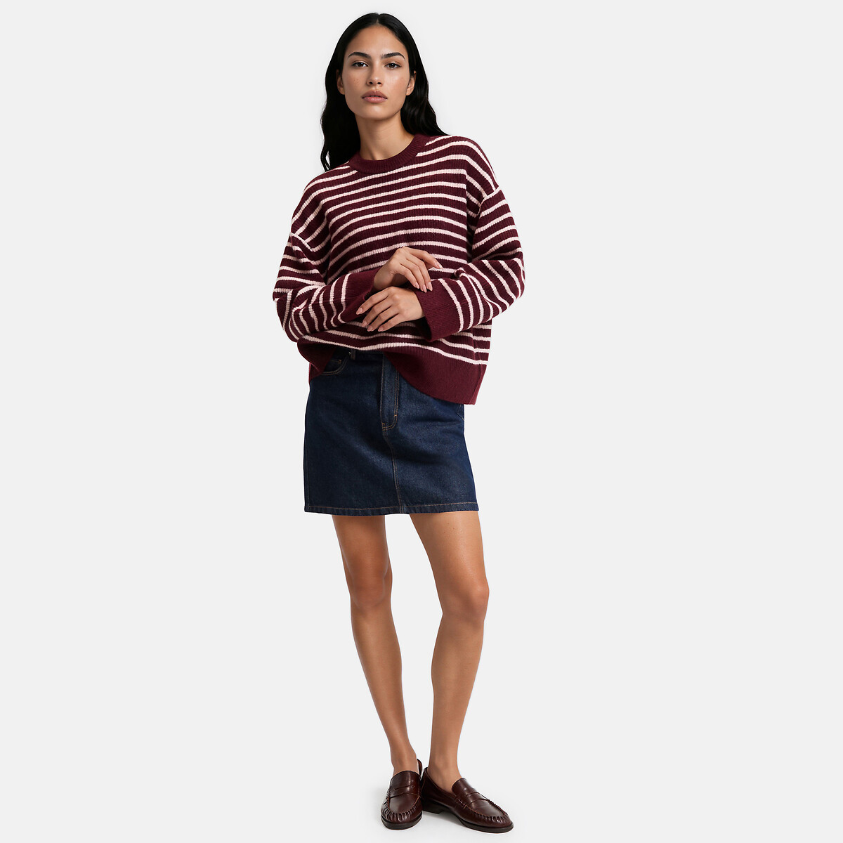 Pull col rond rayé, volume ample rose, LA REDOUTE COLLECTIONS