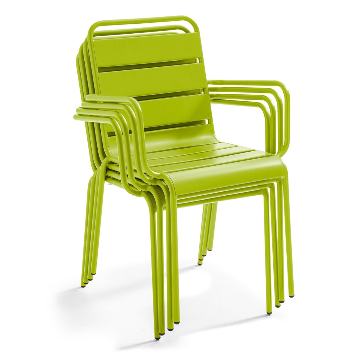 Table en HPL inclinable pied blanc et 2 chaises avec accoudoirs en métal vert, OVIALA