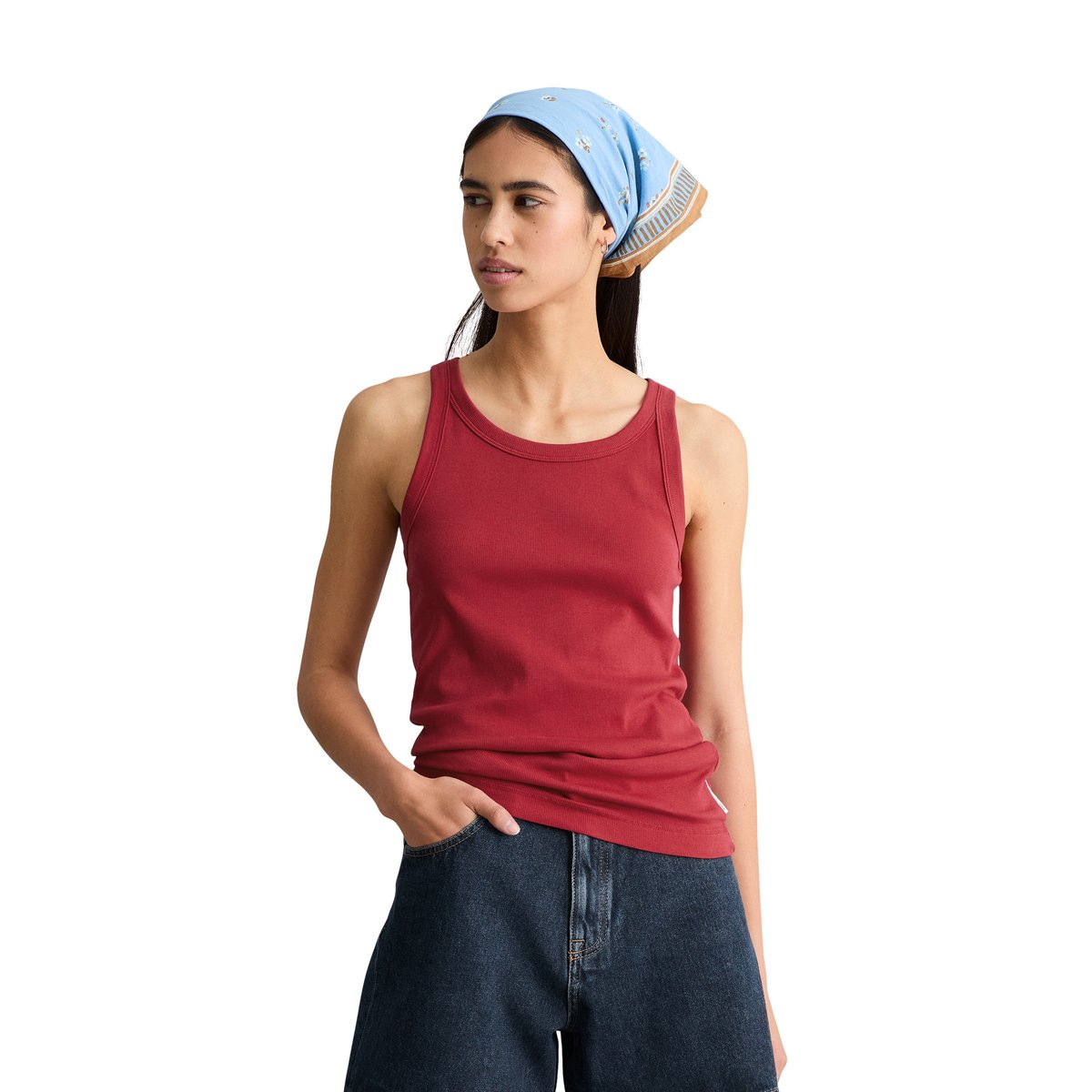 Débardeur côtelé DfC slim en jersey stretch de coton bio rouge, MARC O’POLO DENIM