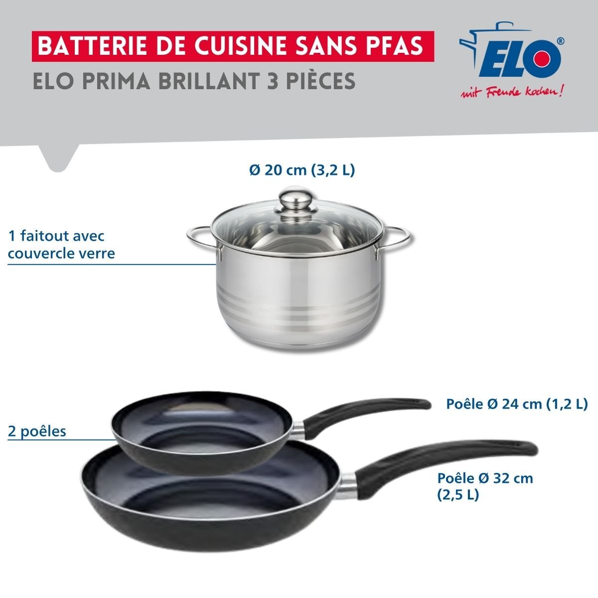 Batterie 2 poêles 24/32cm + 1 faitout 20cm PRIMA BRILLANT noir, ELO