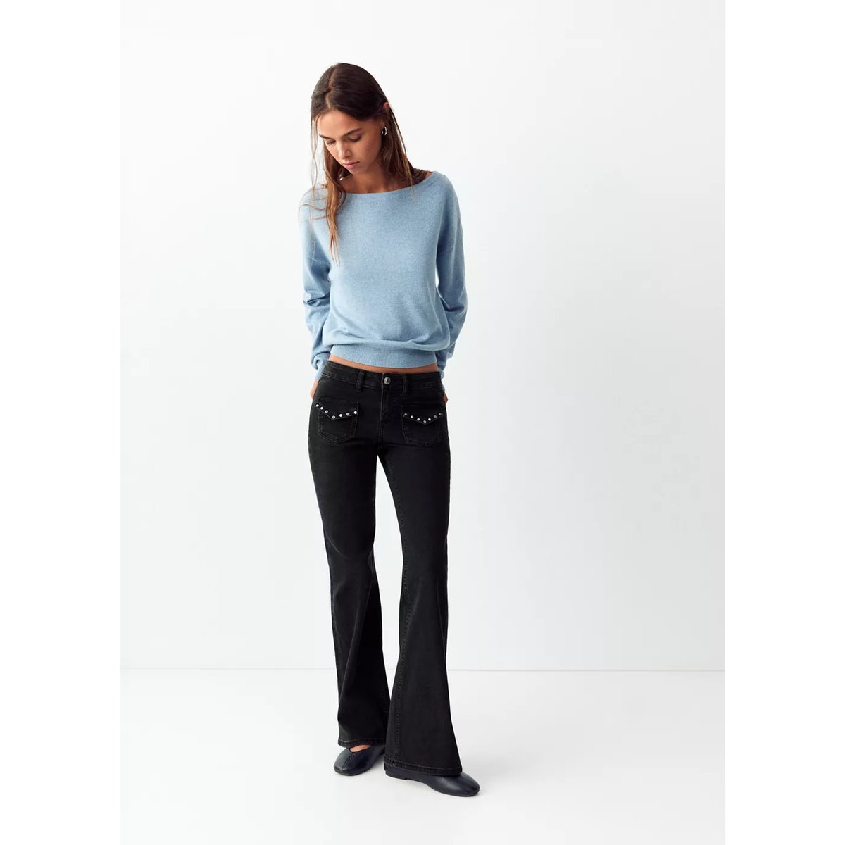 Jean flare clouté black denim, MANGO TEEN
