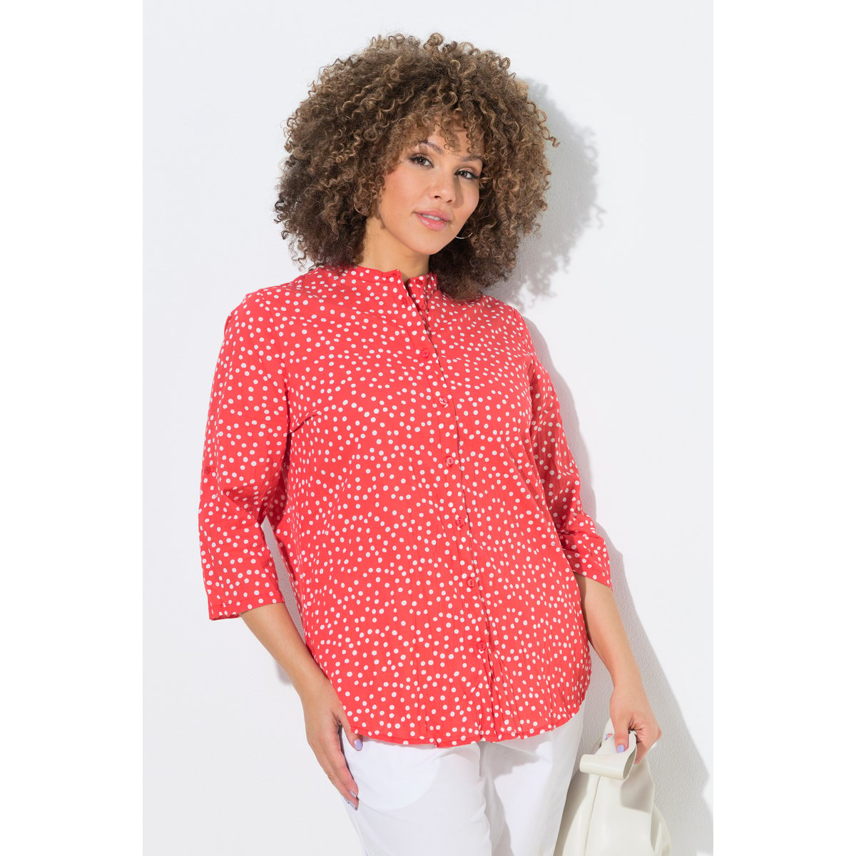 Chemisier aspect froissé, motif à pois corail, ULLA POPKEN