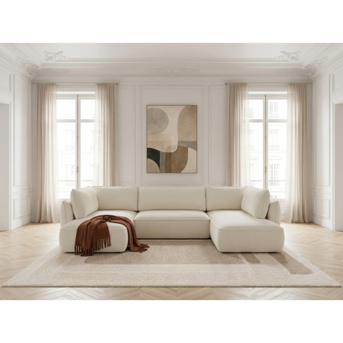 Canapé d'angle convertible 5 places en tissu chenille, ESMEE blanc, BOBOCHIC