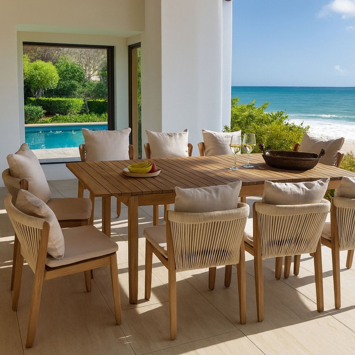 Salon de jardin table et 10 chaises en acacia, FIDJI bois d'acacia, NOW'S HOME