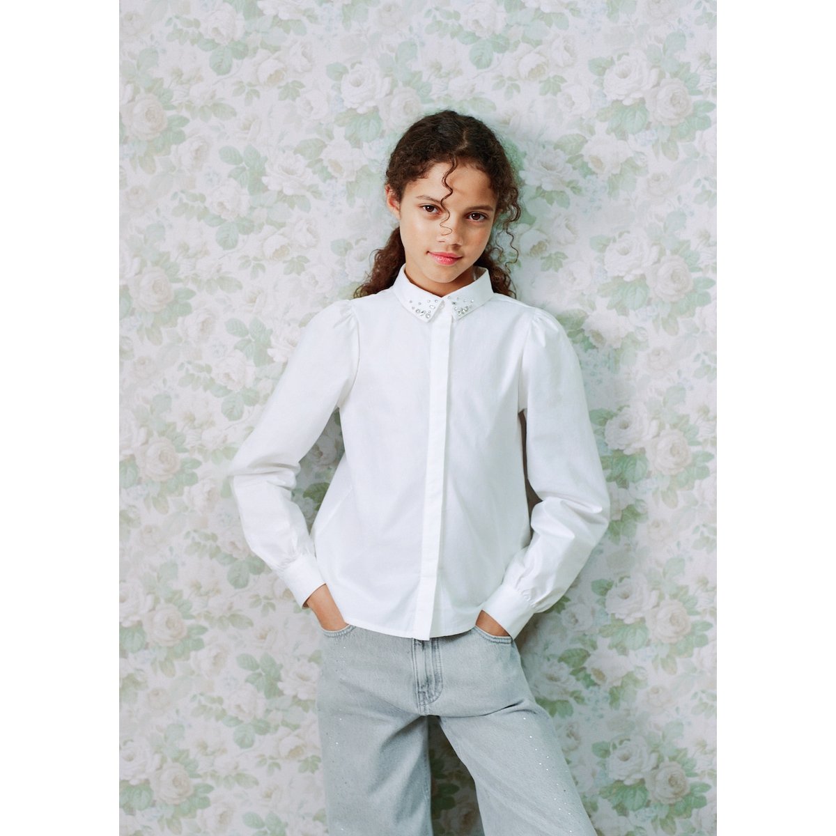 Chemise coton perles fantaisie blanc, MANGO KIDS